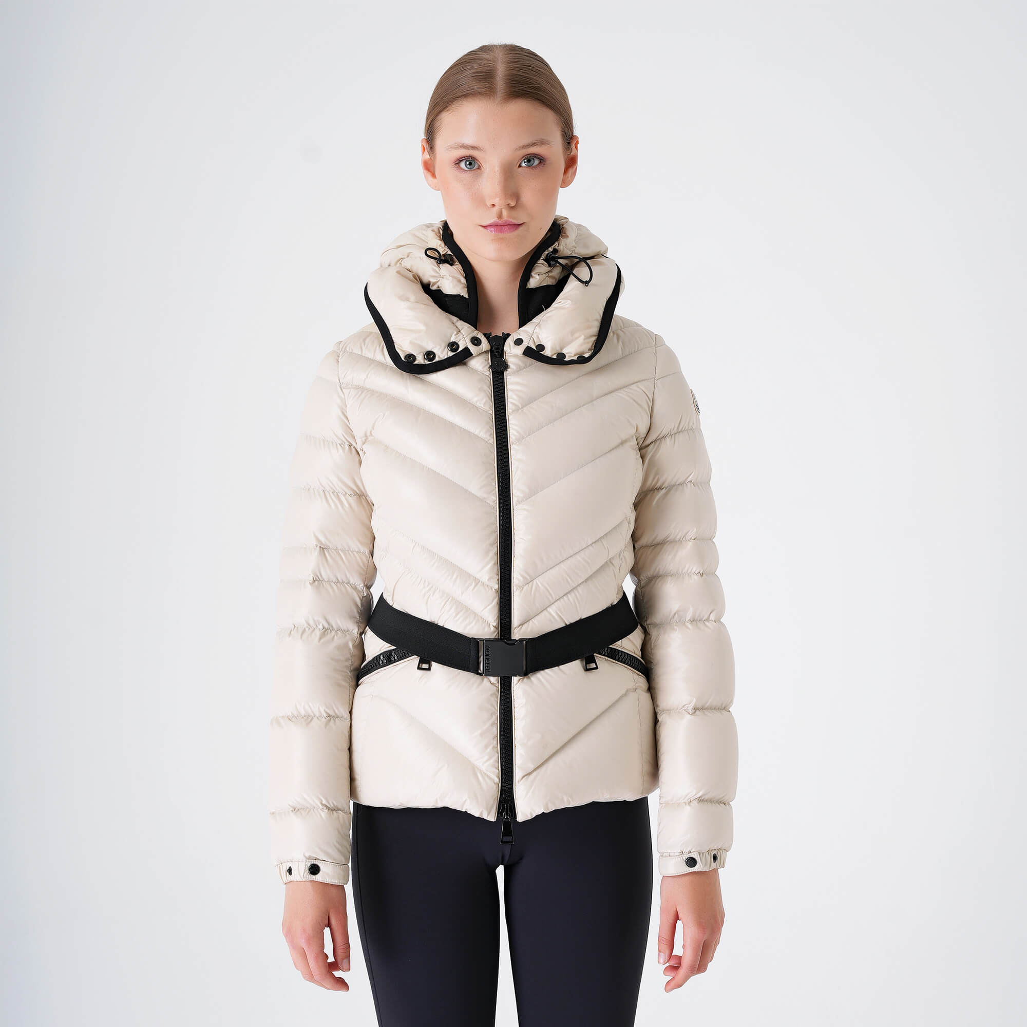 Moncler - Cream Chevron Nylon Hoodie Puffer Caot